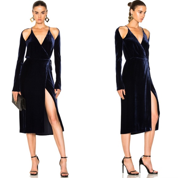 Dion Lee Dresses & Skirts - Dion Lee Elegant Navy Silk Velvet Cold Shoulder 3/4 Sleeve Midi Wrap Dress 10